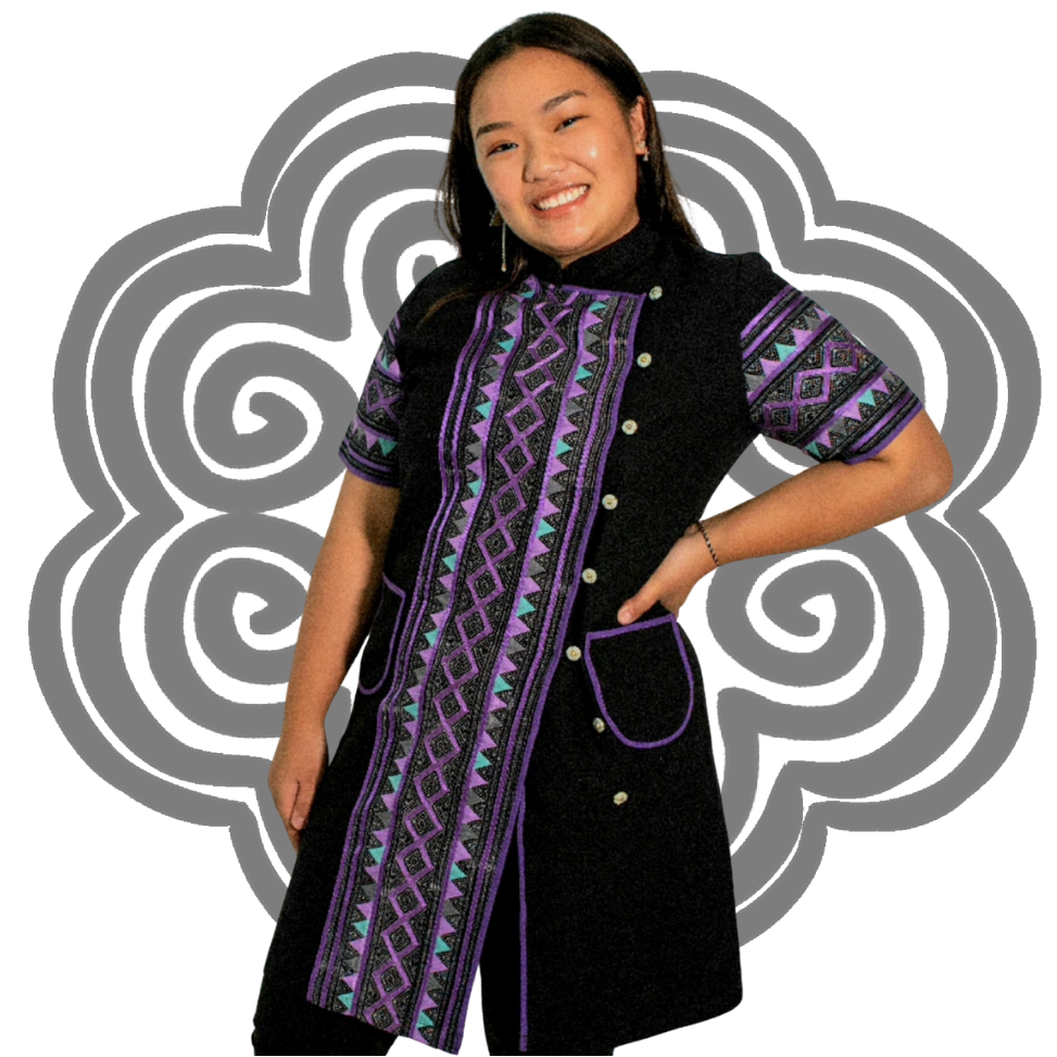 Picture of Shouayee in a modern Hmong outfit.